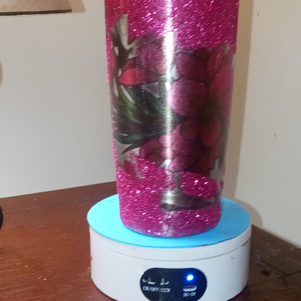 Custom handmade tumbler made by Carrie glitter pink and tattoo added